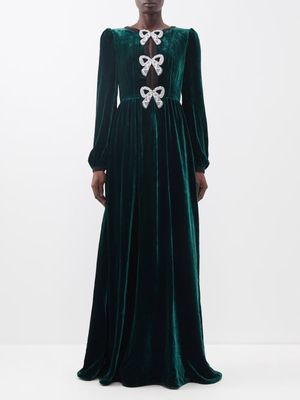 Saloni - Camille Crystal-bow Velvet Gown - Womens - Dark Green