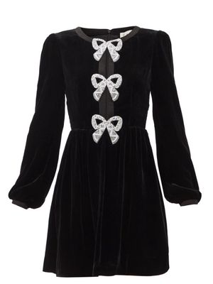 Saloni - Camille Crystal-bow Velvet Mini Dress - Womens - Black