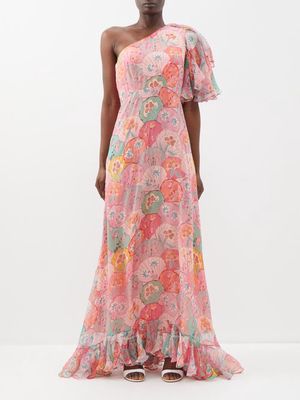 Saloni - Danielle One-shoulder Silk-georgette Maxi Dress - Womens - Light Pink Multi