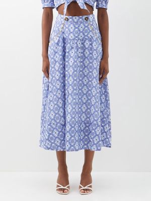 Saloni - Della High-rise Printed Linen Skirt - Womens - Blue White