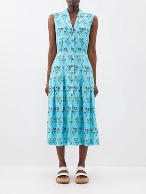 Saloni - Eddie B Seashell-print Linen Dress - Womens - Blue Multi
