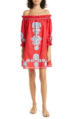 SALONI Embroidered Appliqué Off the Shoulder Linen Minidress in 86/5514-Cherry Red/Sky Coral