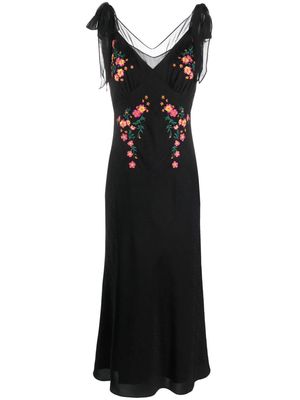 Saloni floral-embroidered silk midi dress - Black