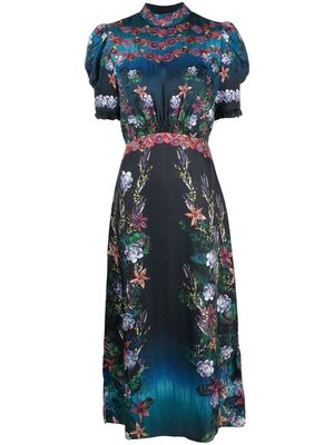 Saloni floral-print puff-sleeves dress - Blue