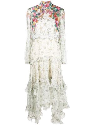 Saloni floral-print tiered-skirt dress - Neutrals
