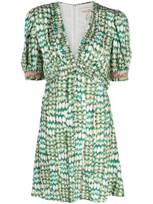 Saloni graphic-print short-sleeved midi dress - Green