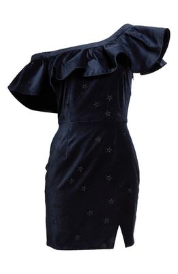 SALONI Greta One-Shoulder Ruffle Velvet Minidress in Dark Navy