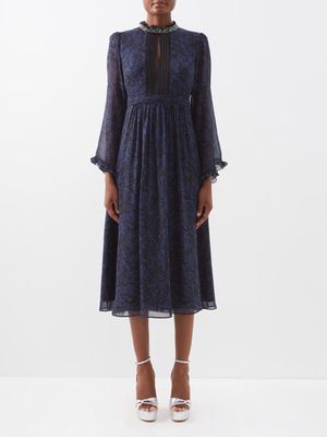 Saloni - Hope Beaded-collar Floral-print Silk Dress - Womens - Navy