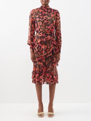 Saloni - Isa Ruffled Floral-jacquard Silk Midi Dress - Womens - Red Print