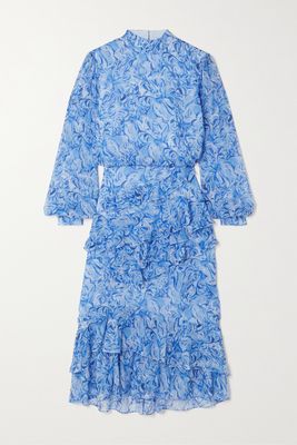 Saloni - Isa Ruffled Printed Silk-georgette Midi Dress - Blue
