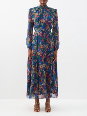 Saloni - Jacqui B Fern-print Silk-georgette Maxi Dress - Womens - Blue Print