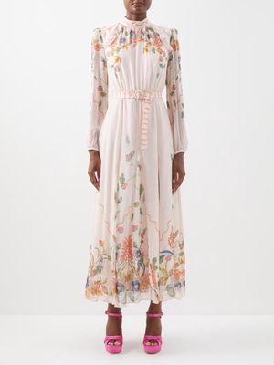 Saloni - Jacqui B Floral-print Silk Dress - Womens - Light Pink Multi