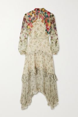 Saloni - Jolie-c Asymmetric Tiered Floral-print Silk-georgette Maxi Dress - White