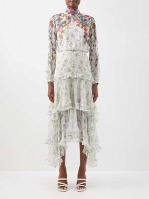 Saloni - Jolie C Dandelion-print Tiered Silk Dress - Womens - White Multi
