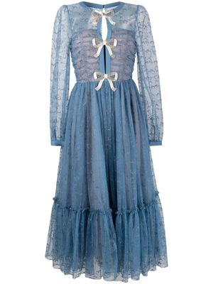 Saloni lace-trim long-sleeve midi dress - Blue