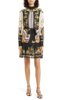 SALONI Long Sleeve Silk Georgette Dress in Ivory Pavillion Garden Plmt