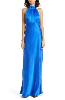 SALONI Michelle Velvet Bow Silk Halter Gown in 250-Azure Blue