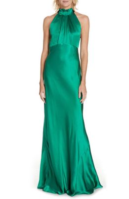 SALONI Michelle Velvet Bow Silk Halter Gown in Emerald Green
