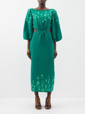 Saloni - Neelam Floral-embroidered Cutout Linen Dress - Womens - Dark Green
