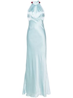 Saloni pleated-neck seersucker gown - Blue