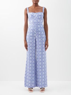 Saloni - Rachel Printed Linen Jumpsuit - Womens - Blue White