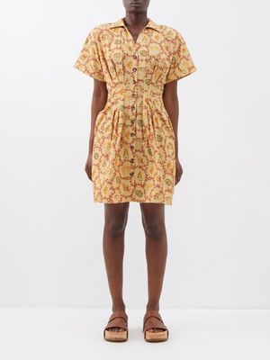 Saloni - Riya Shell-print Cotton Shirt Dress - Womens - Beige Multi