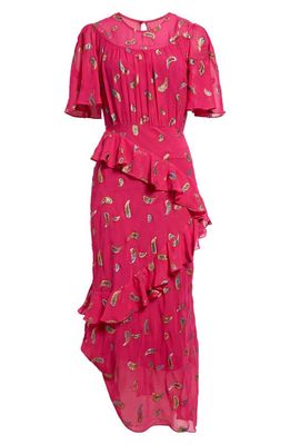 SALONI Ruffle Georgette Maxi Dress in Fuchsia Rainbow