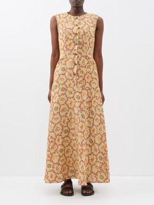 Saloni - Sierra Shell-print Linen Maxi Dress - Womens - Beige Multi