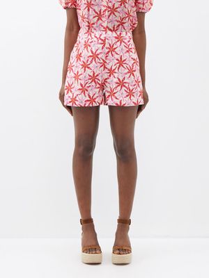 Saloni - Starfish-print Tailored Linen Shorts - Womens - Red Pink