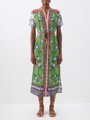 Saloni - Vici Floral-print Belted Silk Shirt Dress - Womens - Green Multi