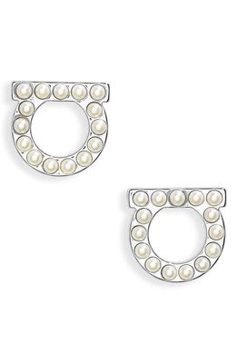 Salvatore Ferragamo Small Gancio Imitation Pearl Stud Earrings in Silver