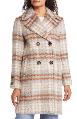 Sam Edelman Brushed Plaid Double Breasted Coat in Camel Multi Plaid
