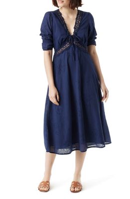 Sam Edelman Dasie Lace Detail Cotton Midi Dress in Navy