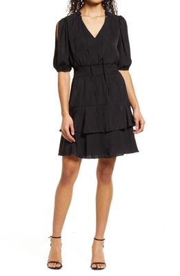Sam Edelman Elbow Sleeve Tiered A-Line Dress in Black
