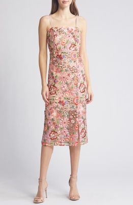 Sam Edelman Floral Embroidered Midi Sheath Dress in Beige Multi