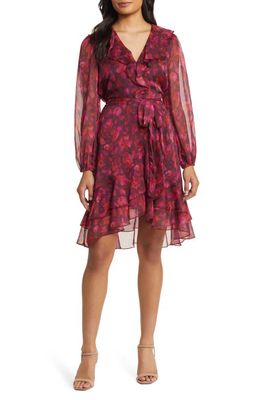 Sam Edelman Floral Ruffle Long Sleeve Chiffon Dress in Ruby Multi