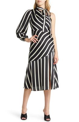 Sam Edelman French Stripe Tie Neck One-Shoulder Midi Dress in Black/White