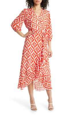 Sam Edelman Geo Print Faux Wrap Dress in Coral/White