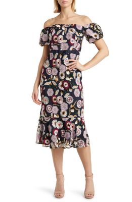 Sam Edelman Helium Floral Embroidered Off the Shoulder Dress in Navy/Blush Multi