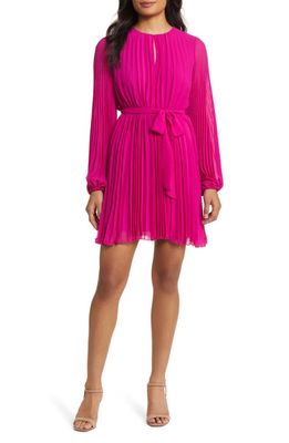 Sam Edelman Long Sleeve Pleated Georgette Dress in Dark Pink