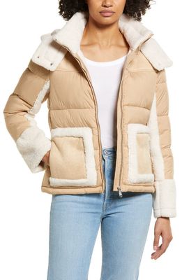 Sam Edelman Mixed Media Puffer Jacket with Faux Fur Trim in Sand