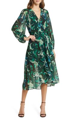 Sam Edelman Monstera Print Long Sleeve Midi Wrap Dress in Green Multi