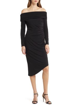 Sam Edelman Off the Shoulder Long Sleeve Midi Body-Con Dress in Black