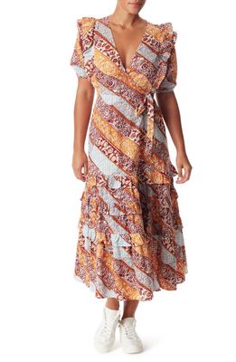 Sam Edelman Ophelia Floral Ruffle Cotton Faux-Wrap Dress in Fired Brick- Heritage Stripe