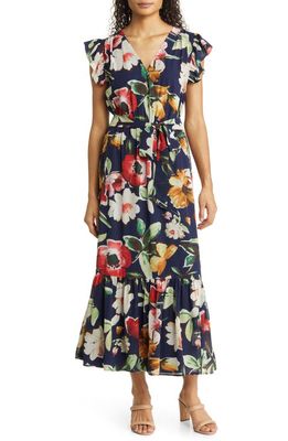 Sam Edelman Picasso Floral Flutter Sleeve Faux Wrap Midi Dress in Navy Multi