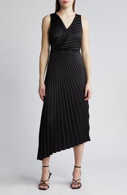 Sam Edelman Pleated Asymmetric Hem Satin Dress in Black