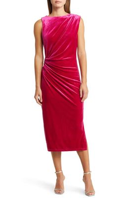 Sam Edelman Ruched Velvet Midi Sheath Dress in Dark Pink