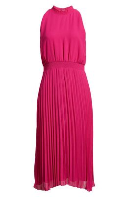 Sam Edelman Smocked Pleat Sleeveless Midi Dress in Dark Pink
