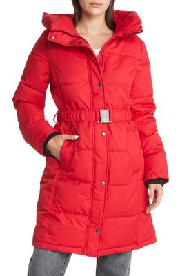 Sam Edelman Women's Belted Longline Puffer Jacket in Red