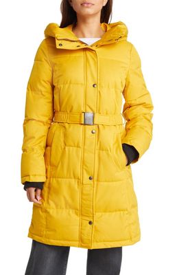Sam Edelman Women's Belted Longline Puffer Jacket in Yellow